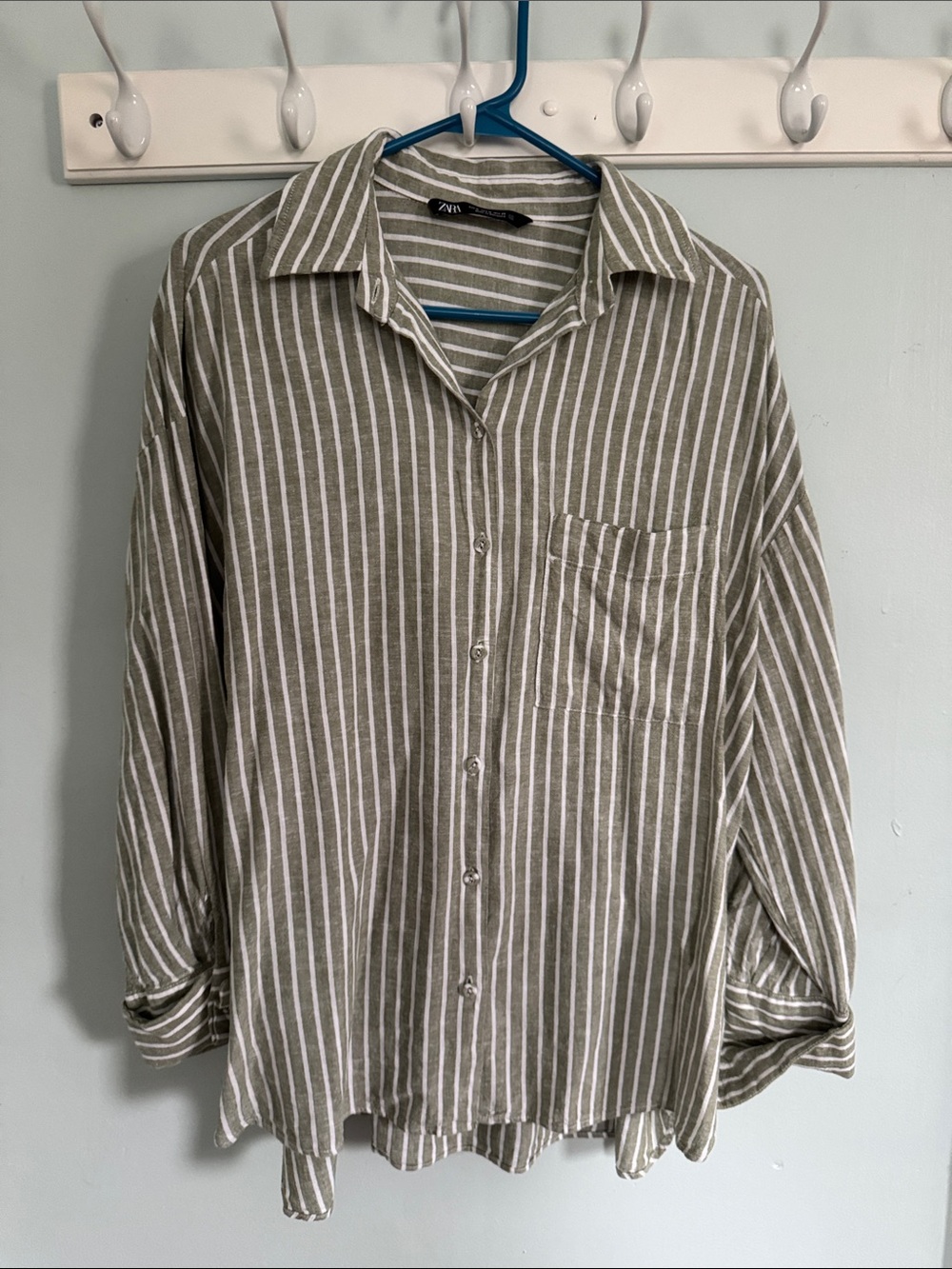 Zara Olive Green and White Vertical Stripe Button-Down Shirt